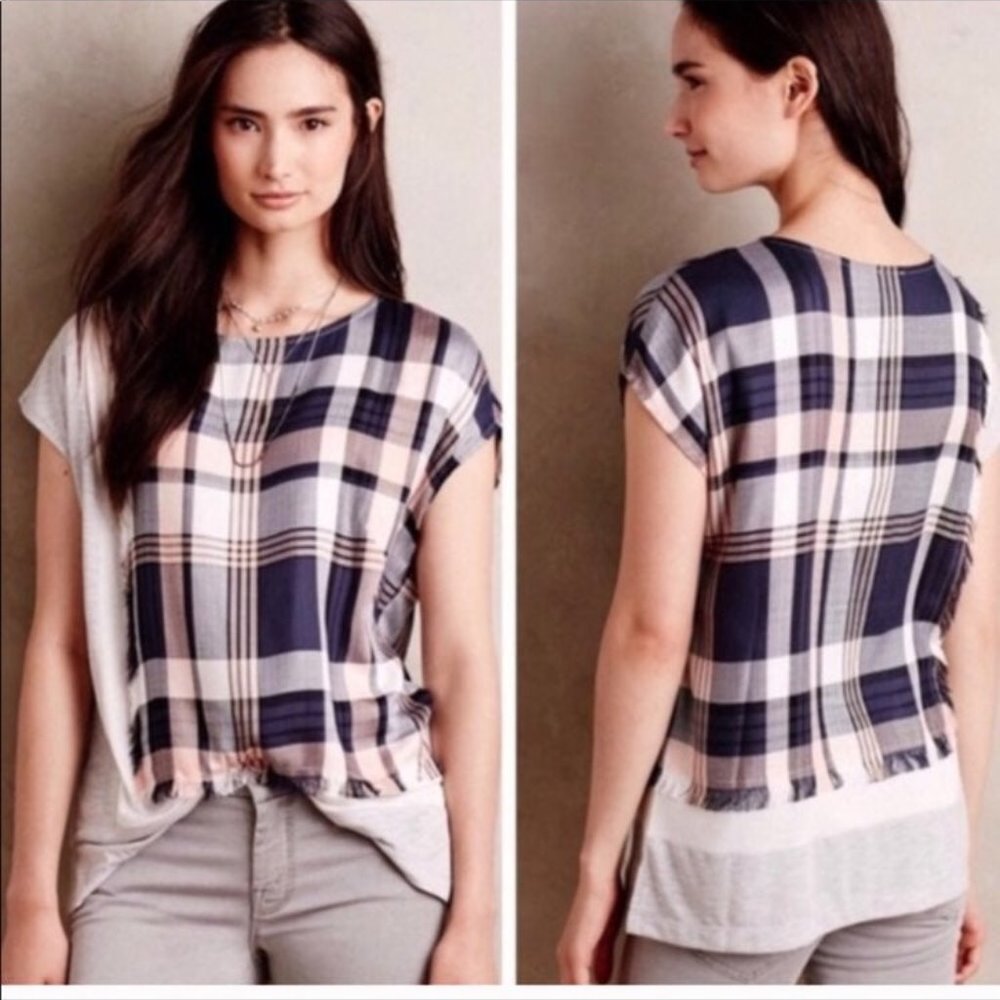 Anthro Postmark Hammon Plaid Fringe Top